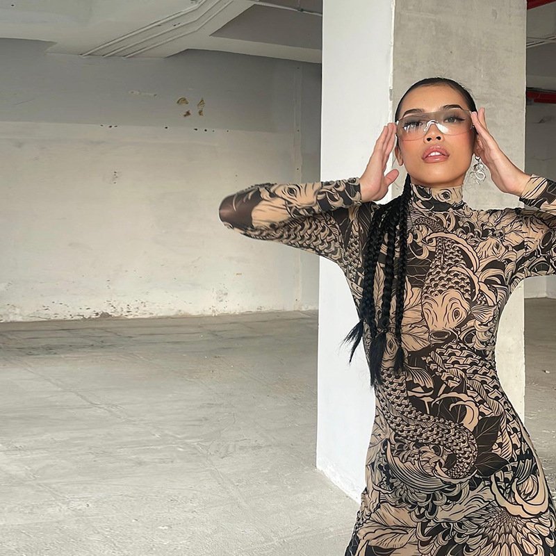 2024 Wholesale summer sexy dress casual elegan Mesh print see through long dresses women