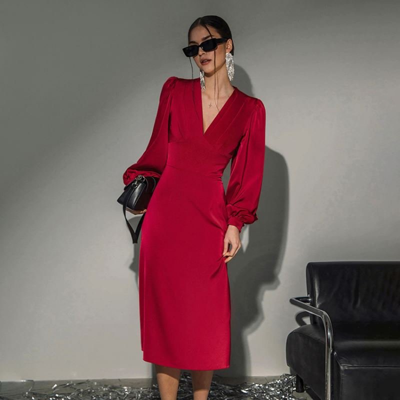 Hot sale Lantern Long Sleeve V-neck Casual Midi Dress Satin Red Feminine Dress Mid-Length Ladies Casual Dress