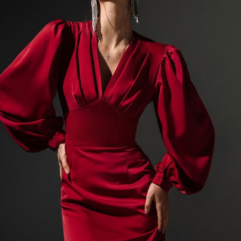Hot sale Lantern Long Sleeve V-neck Casual Midi Dress Satin Red Feminine Dress Mid-Length Ladies Casual Dress
