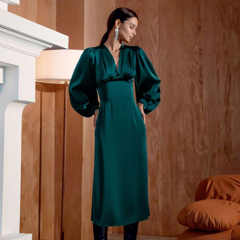 Hot sale Lantern Long Sleeve V-neck Casual Midi Dress Satin Red Feminine Dress Mid-Length Ladies Casual Dress