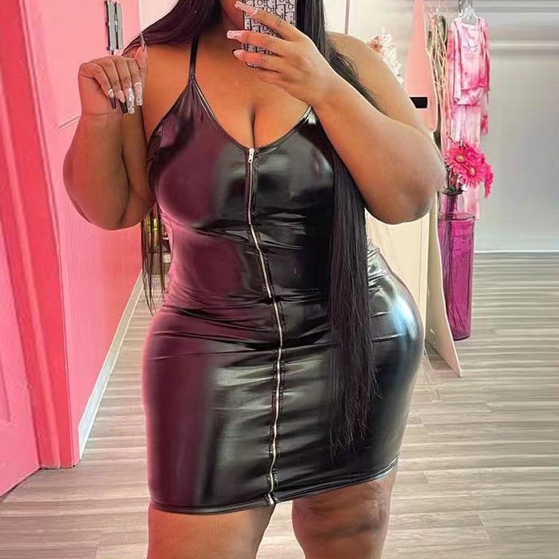 2022 Plus Size Women'S Braces Sleeveless Short skirt 5Xl 4Xl Pu Leather Bodycon Dress Zipper Women Sexy Black Club Mini Dress