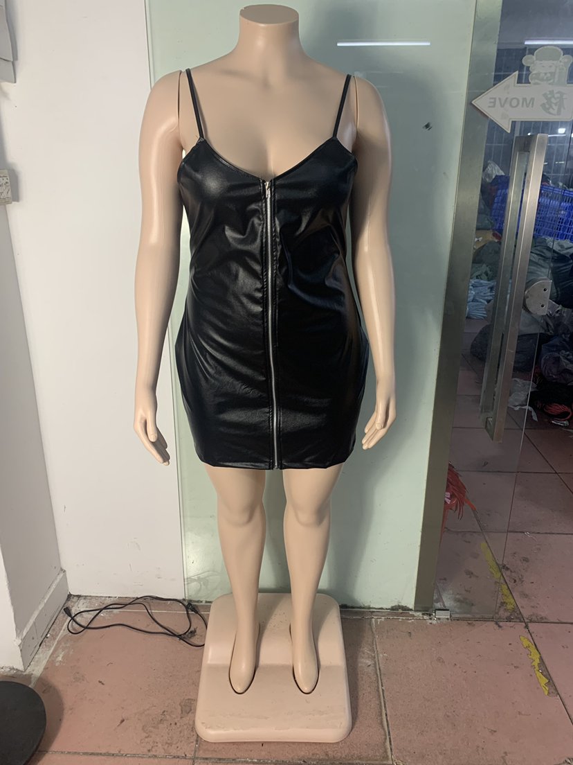 2022 Plus Size Women'S Braces Sleeveless Short skirt 5Xl 4Xl Pu Leather Bodycon Dress Zipper Women Sexy Black Club Mini Dress