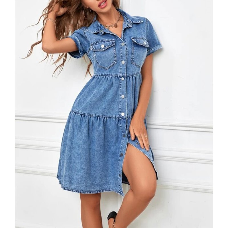 Summer New Women's Denim Short Sleeve Layered Hem Collar Single Breasted Mini Shirt Dress OEM Customized Elegant