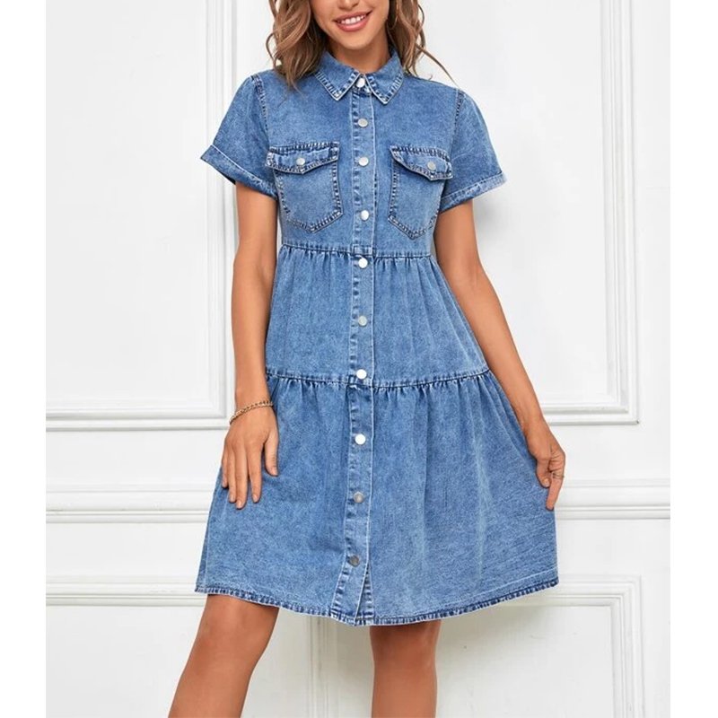 Summer New Women's Denim Short Sleeve Layered Hem Collar Single Breasted Mini Shirt Dress OEM Customized Elegant