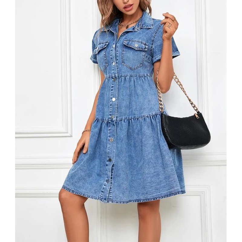 Summer New Women's Denim Short Sleeve Layered Hem Collar Single Breasted Mini Shirt Dress OEM Customized Elegant