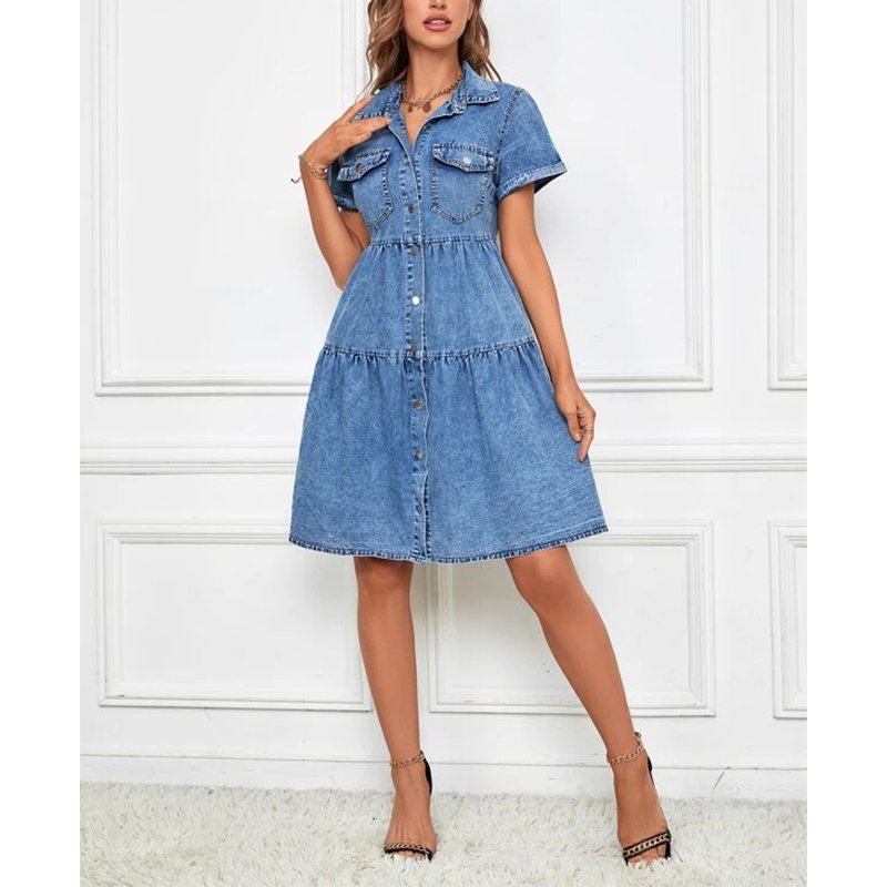 Summer New Women's Denim Short Sleeve Layered Hem Collar Single Breasted Mini Shirt Dress OEM Customized Elegant