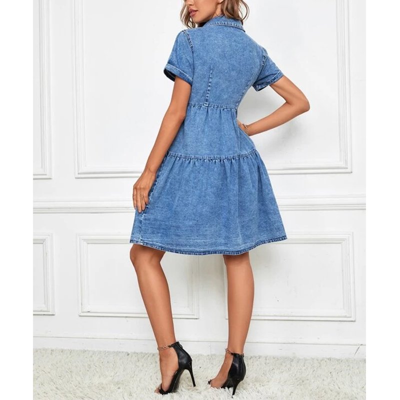 Summer New Women's Denim Short Sleeve Layered Hem Collar Single Breasted Mini Shirt Dress OEM Customized Elegant