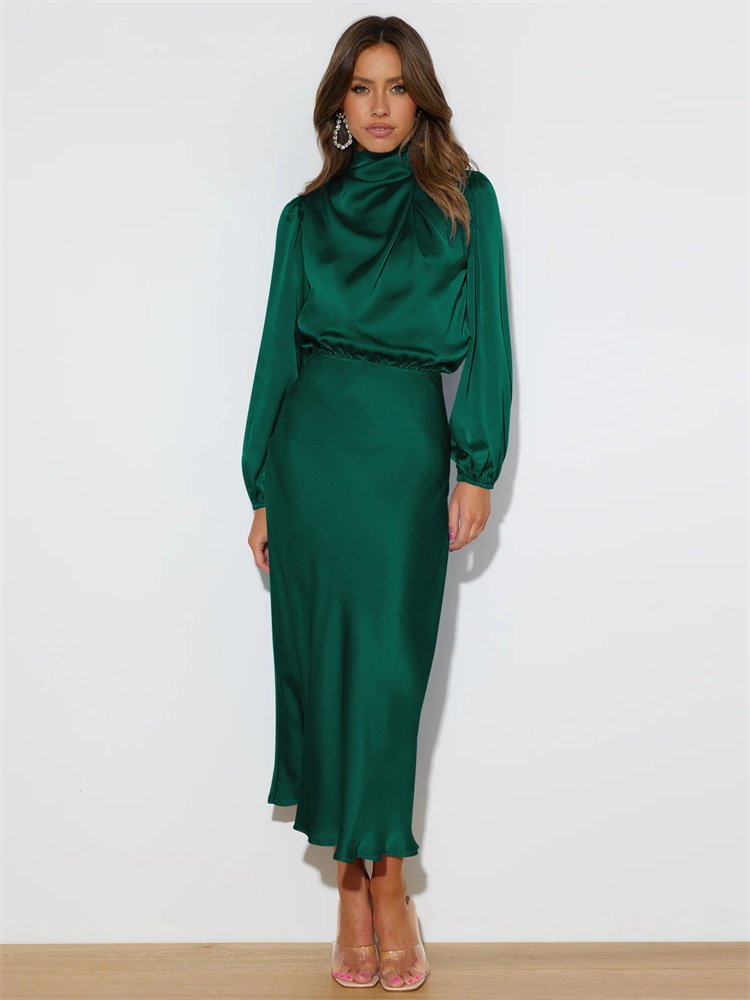 2024 New high-end satin long sleeved loose fitting dress with elegant temperament for women's evening dress