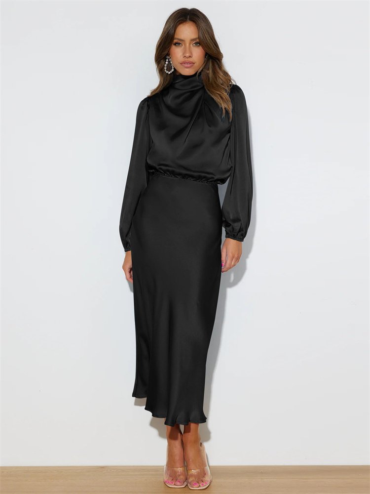 2024 New high-end satin long sleeved loose fitting dress with elegant temperament for women's evening dress