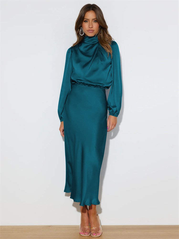2024 New high-end satin long sleeved loose fitting dress with elegant temperament for women's evening dress