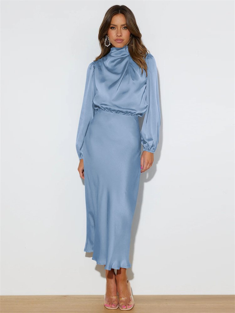 2024 New high-end satin long sleeved loose fitting dress with elegant temperament for women's evening dress