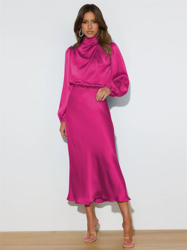 2024 New high-end satin long sleeved loose fitting dress with elegant temperament for women's evening dress