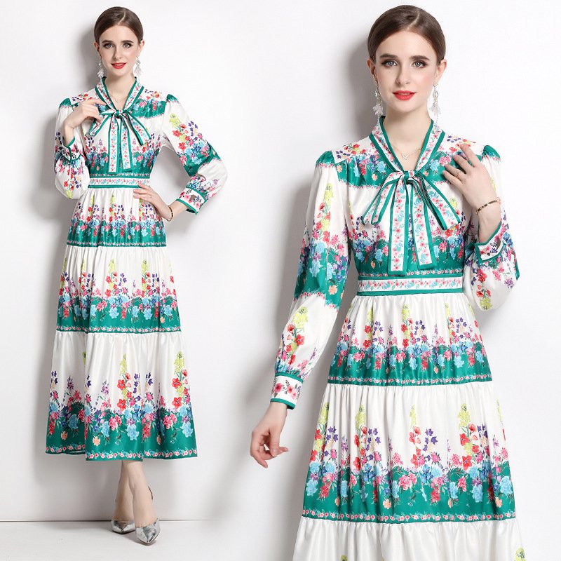 Islamic Dress Women'S Floral Printing Vintage Casual Midi Dress