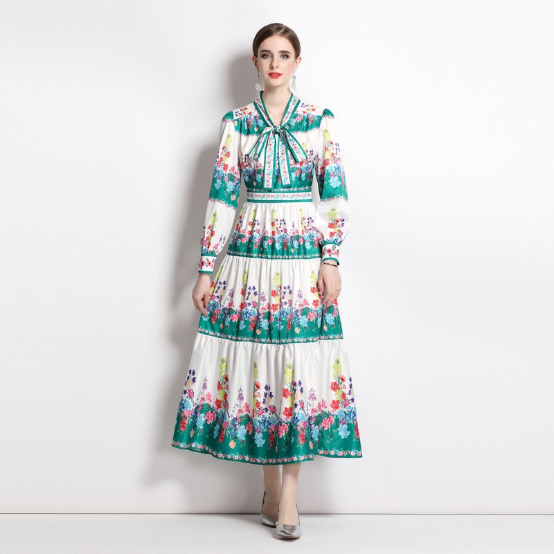 Islamic Dress Women'S Floral Printing Vintage Casual Midi Dress