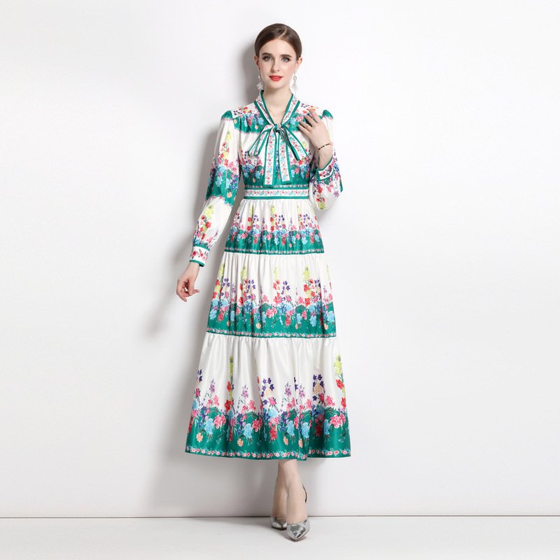 Islamic Dress Women'S Floral Printing Vintage Casual Midi Dress