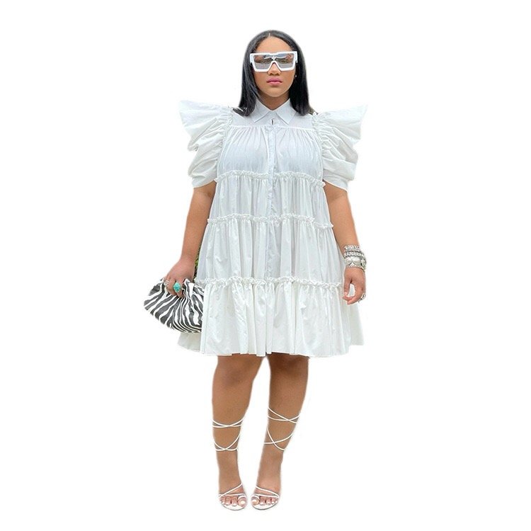 New Sexy Lapel Short Puff Sleeve Pleated Loose Dress Casual Plus Size Women's Dresses