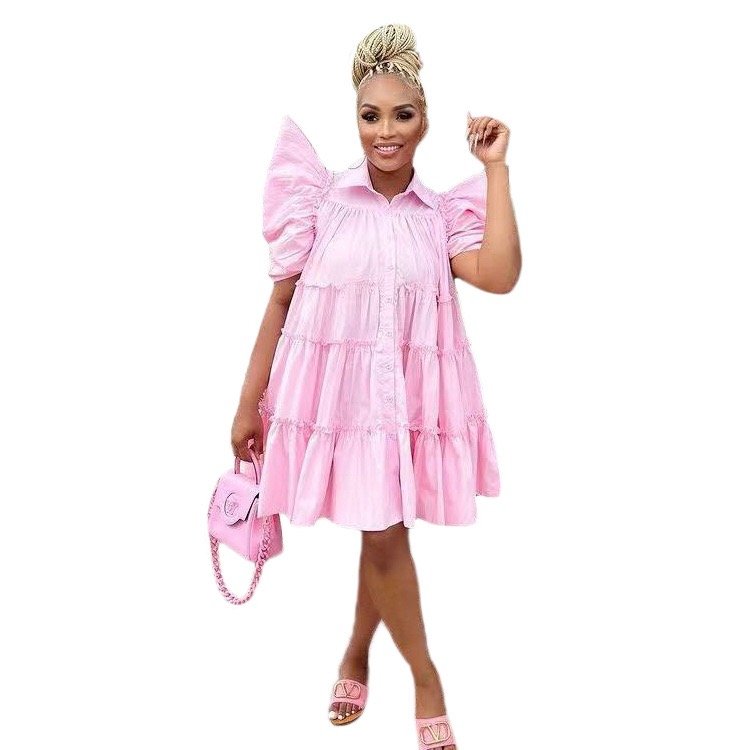 New Sexy Lapel Short Puff Sleeve Pleated Loose Dress Casual Plus Size Women's Dresses