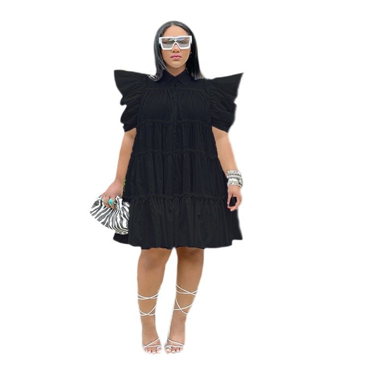 New Sexy Lapel Short Puff Sleeve Pleated Loose Dress Casual Plus Size Women's Dresses