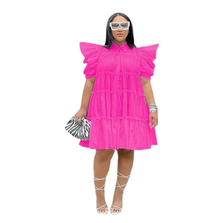 New Sexy Lapel Short Puff Sleeve Pleated Loose Dress Casual Plus Size Women's Dresses