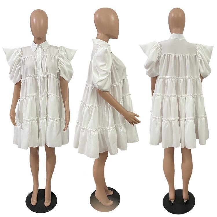 New Sexy Lapel Short Puff Sleeve Pleated Loose Dress Casual Plus Size Women's Dresses
