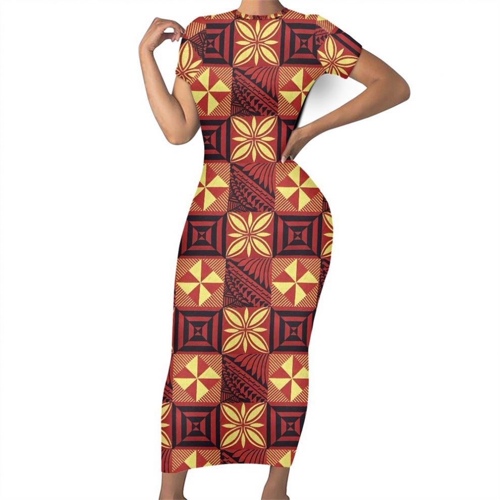 Lady Elegant Casual Dresses Polynesian Tribal Clothing Hawaiian Pink Hibiscus Flower and Leaves Print Custom Casual Dress
