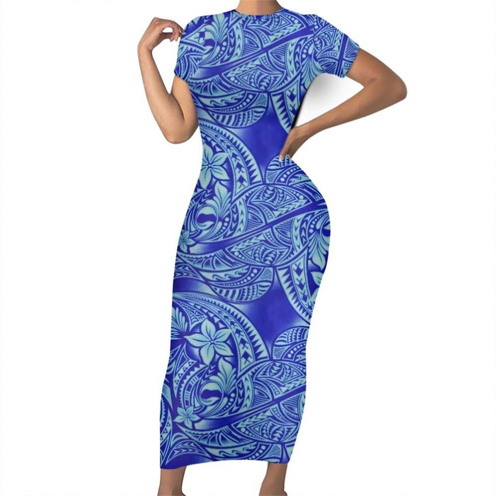 Lady Elegant Casual Dresses Polynesian Tribal Clothing Hawaiian Pink Hibiscus Flower and Leaves Print Custom Casual Dress