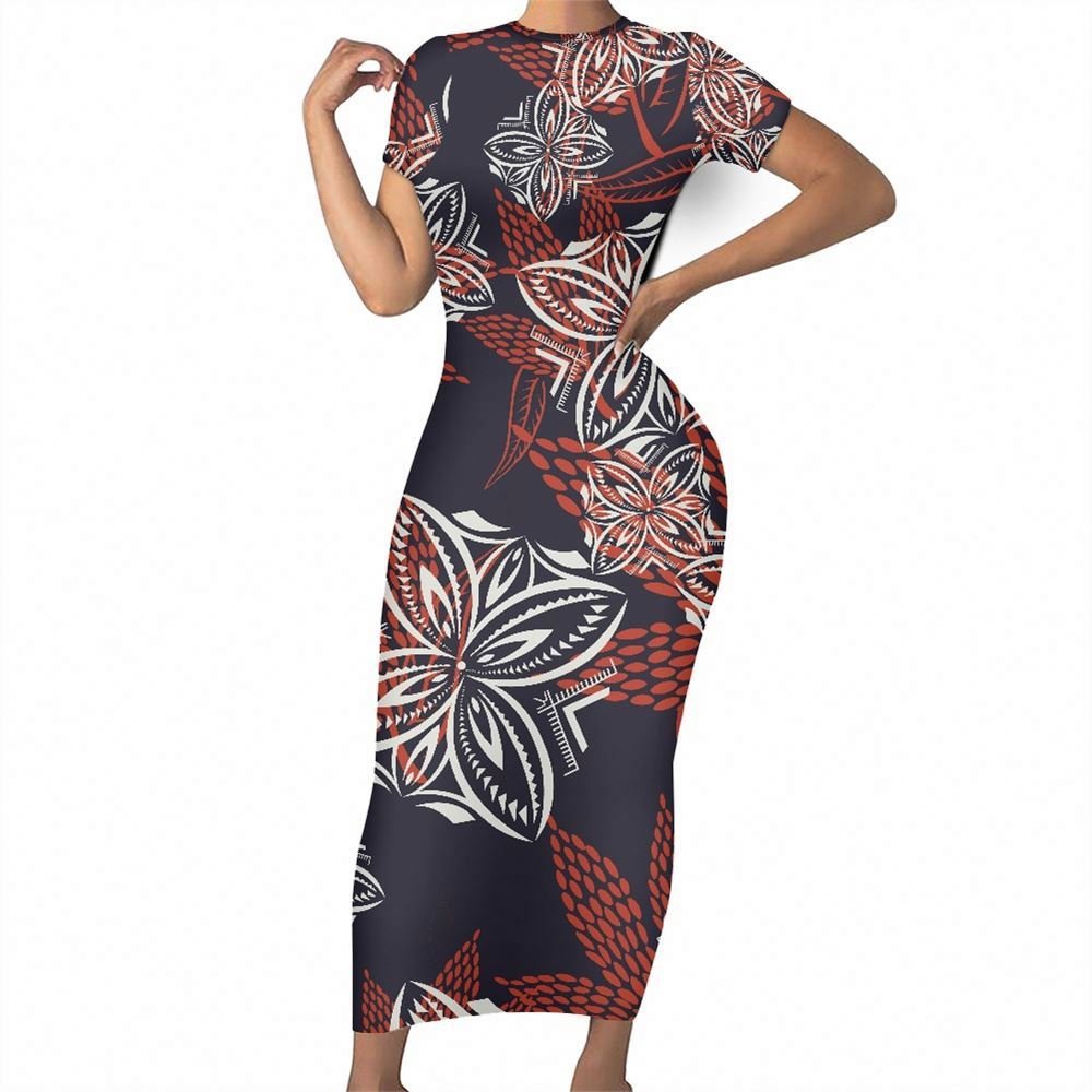 Lady Elegant Casual Dresses Polynesian Tribal Clothing Hawaiian Pink Hibiscus Flower and Leaves Print Custom Casual Dress