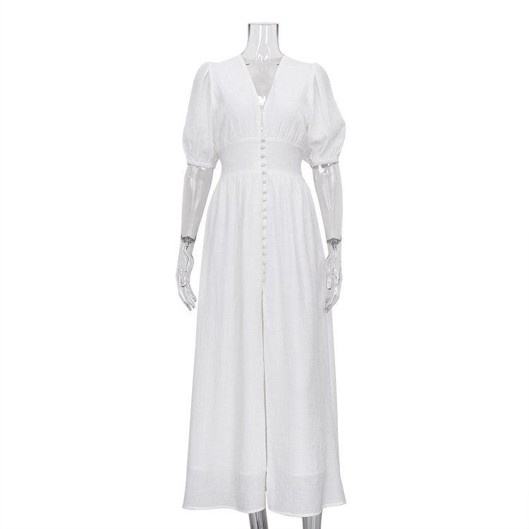 Custom Oem Boutique Clothing Button Up Corset Puff Short Sleeve Dress Vestidos Elegant Summer White Casual Long Dresses Women