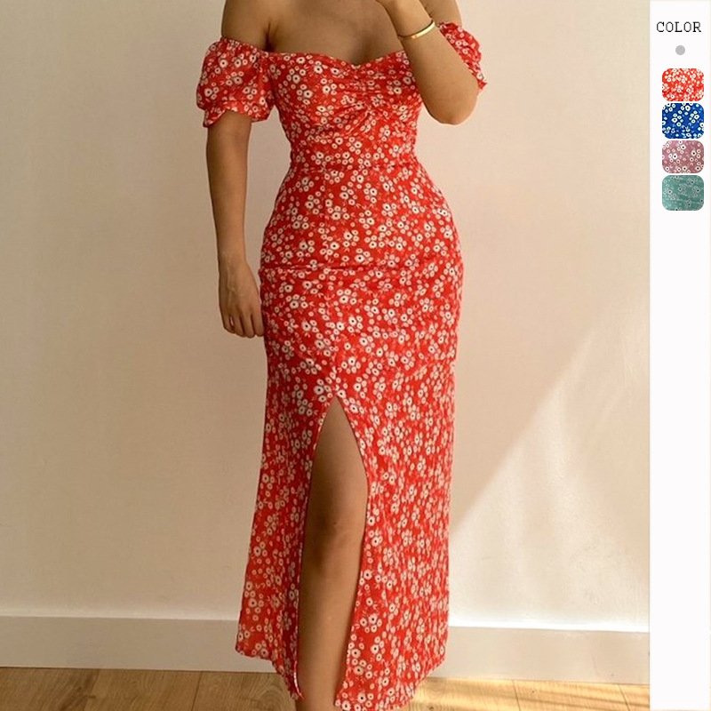 Summer Elegant Ladies Hip Slit Off Shoulder Dress Floral Print Slim Fit Maxi Vestidos Casual Dresses For Women