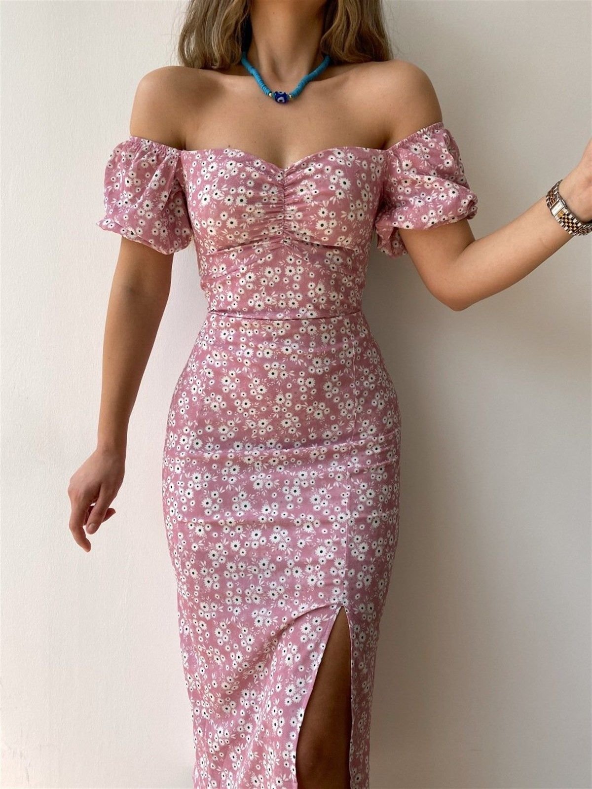 Summer Elegant Ladies Hip Slit Off Shoulder Dress Floral Print Slim Fit Maxi Vestidos Casual Dresses For Women