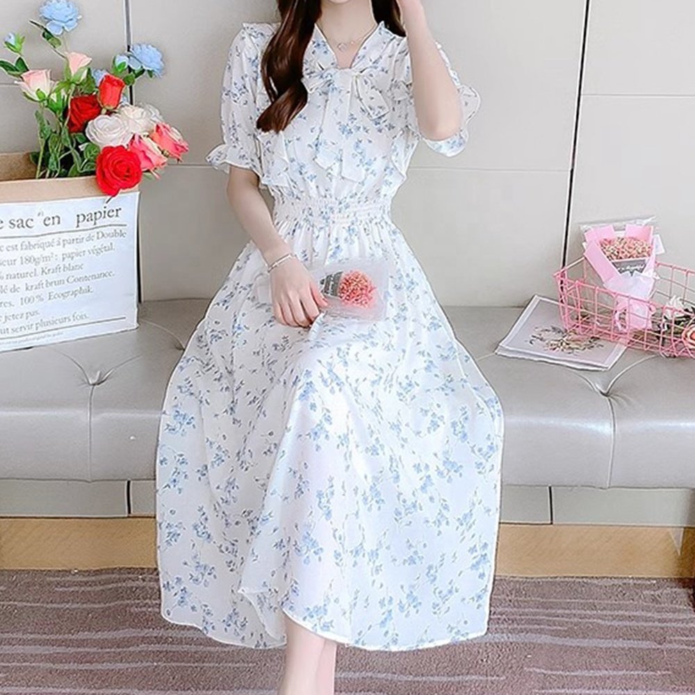 2024 New Fashion Summer Casual Dresses Women Lady Elegant Bubble Sleeve Modest Ladies Dress Ruffle Women's A-line Dresses