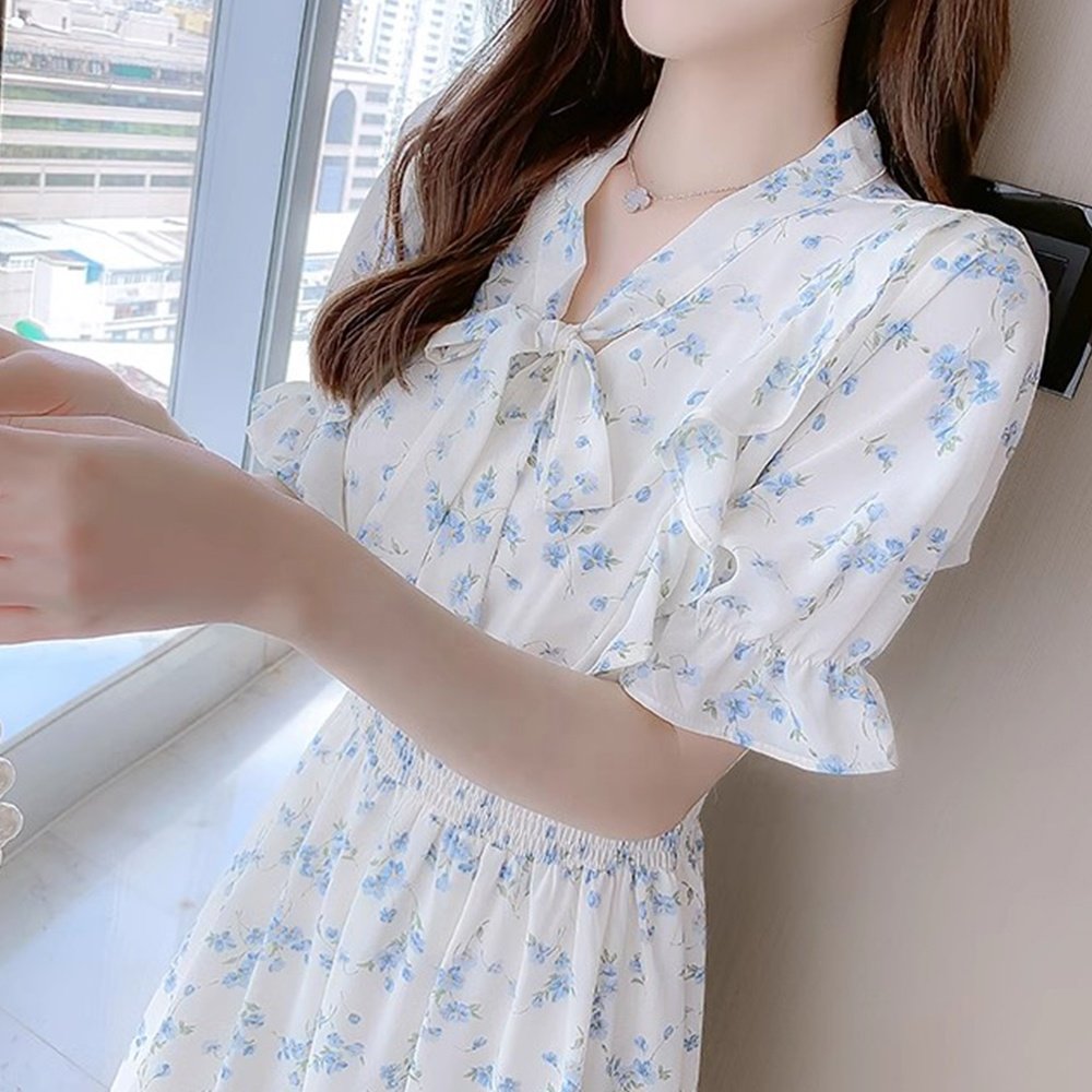 2024 New Fashion Summer Casual Dresses Women Lady Elegant Bubble Sleeve Modest Ladies Dress Ruffle Women's A-line Dresses