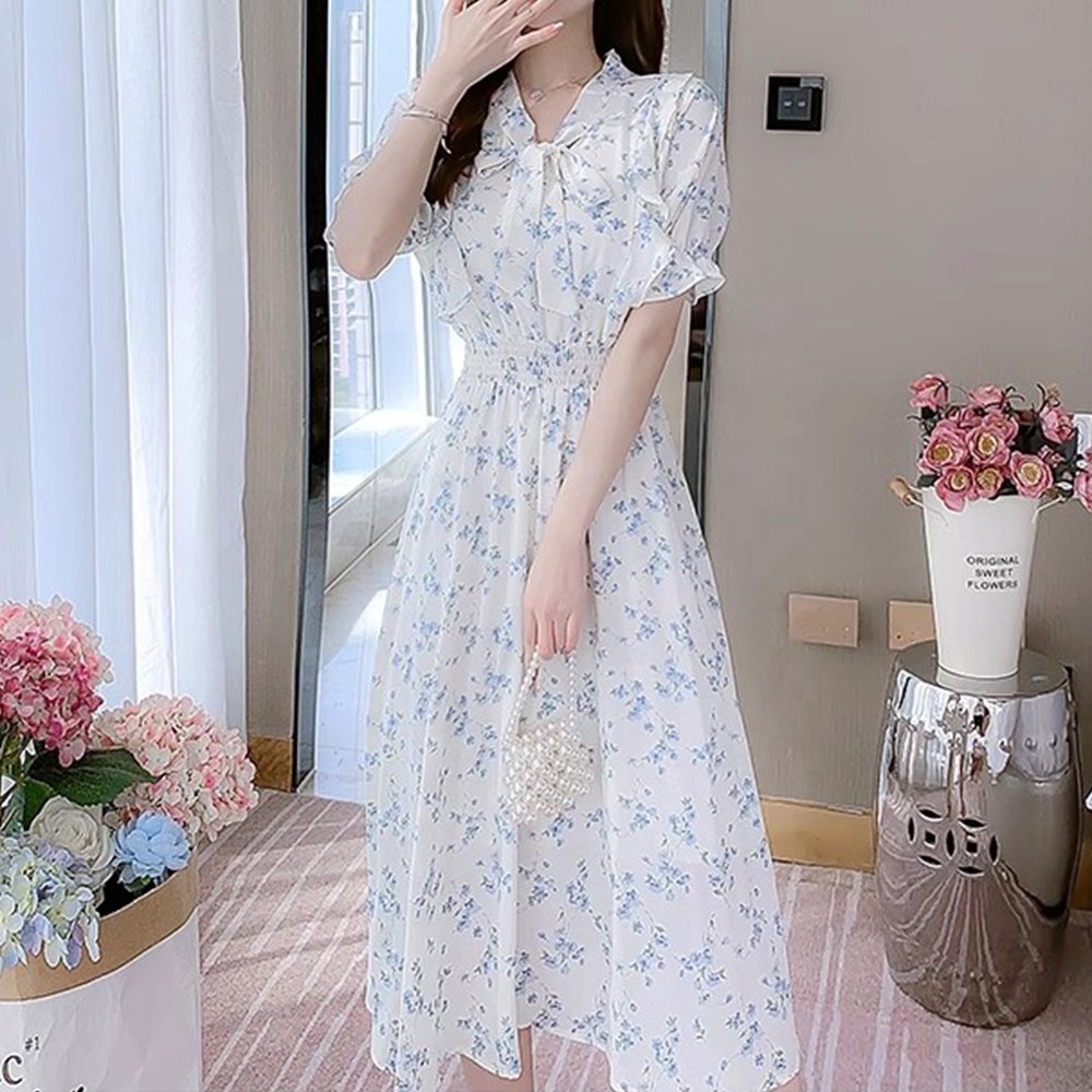 2024 New Fashion Summer Casual Dresses Women Lady Elegant Bubble Sleeve Modest Ladies Dress Ruffle Women's A-line Dresses