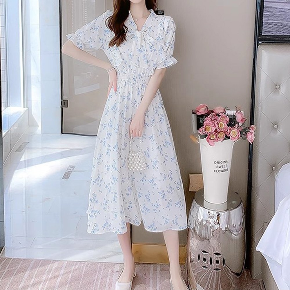 2024 New Fashion Summer Casual Dresses Women Lady Elegant Bubble Sleeve Modest Ladies Dress Ruffle Women's A-line Dresses
