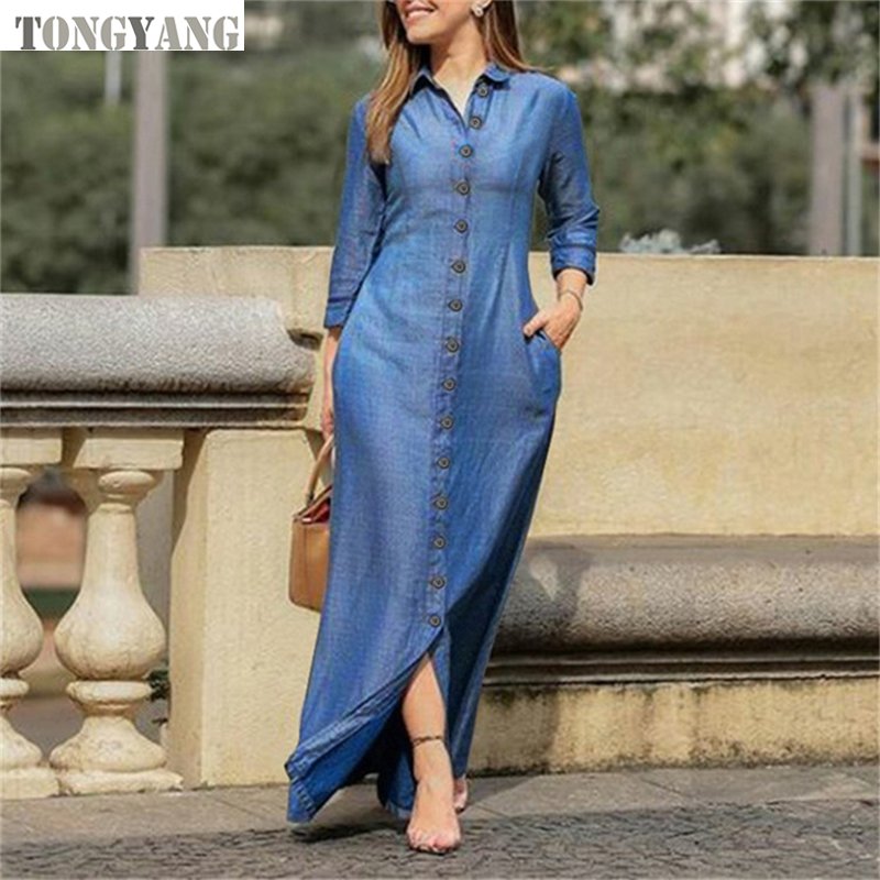 TONGYANG Autumn Women Clothing Shirts Dress Vintage Wash Long Sleeve Denim Women's Button Design Temperament Dress