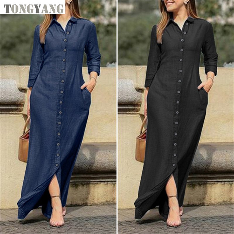 TONGYANG Autumn Women Clothing Shirts Dress Vintage Wash Long Sleeve Denim Women's Button Design Temperament Dress