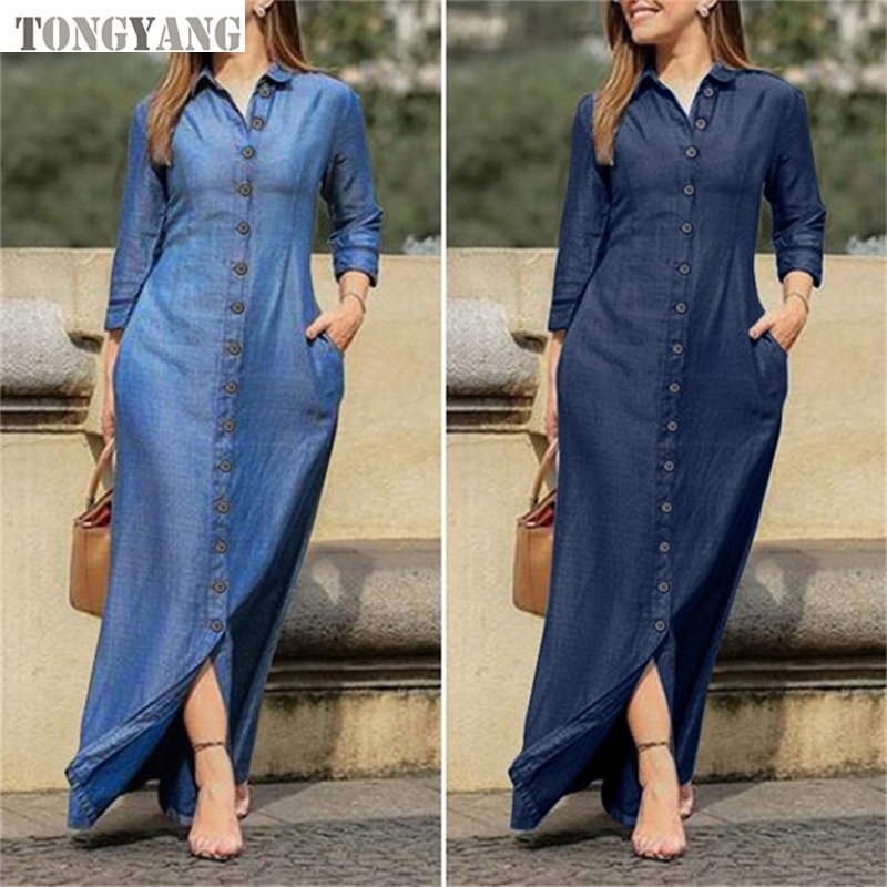 TONGYANG Autumn Women Clothing Shirts Dress Vintage Wash Long Sleeve Denim Women's Button Design Temperament Dress