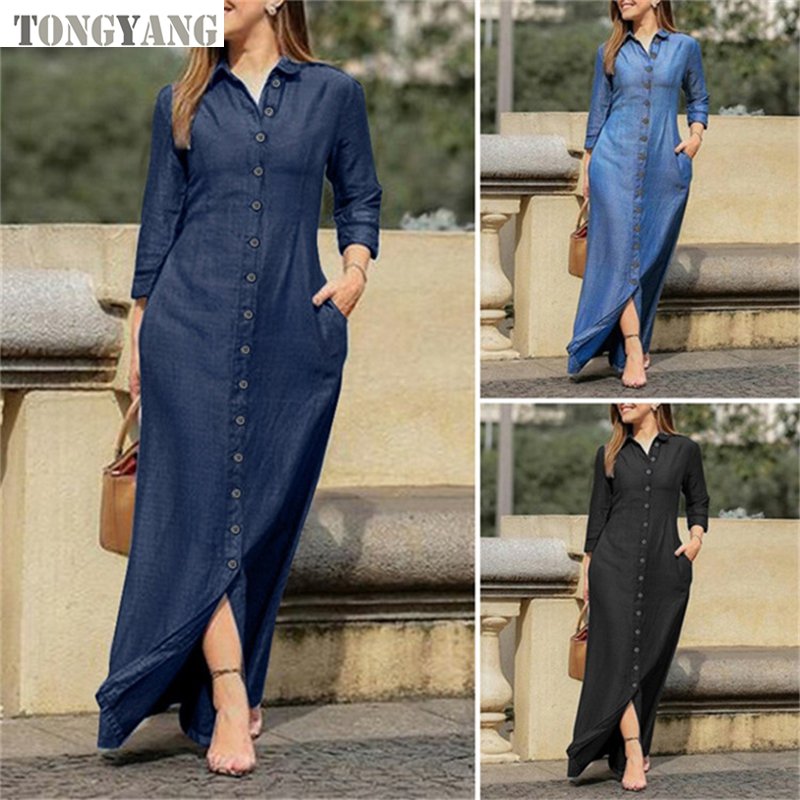 TONGYANG Autumn Women Clothing Shirts Dress Vintage Wash Long Sleeve Denim Women's Button Design Temperament Dress