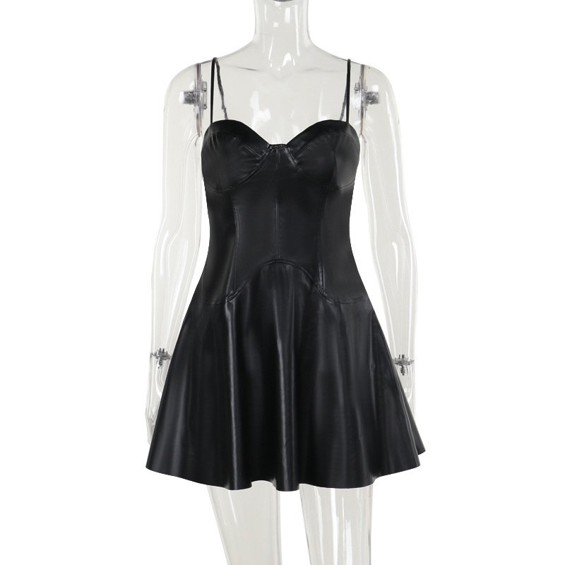 C0542 2024 New Street Style Y2K Sexy Waist PU Leather Cami Dress for Women