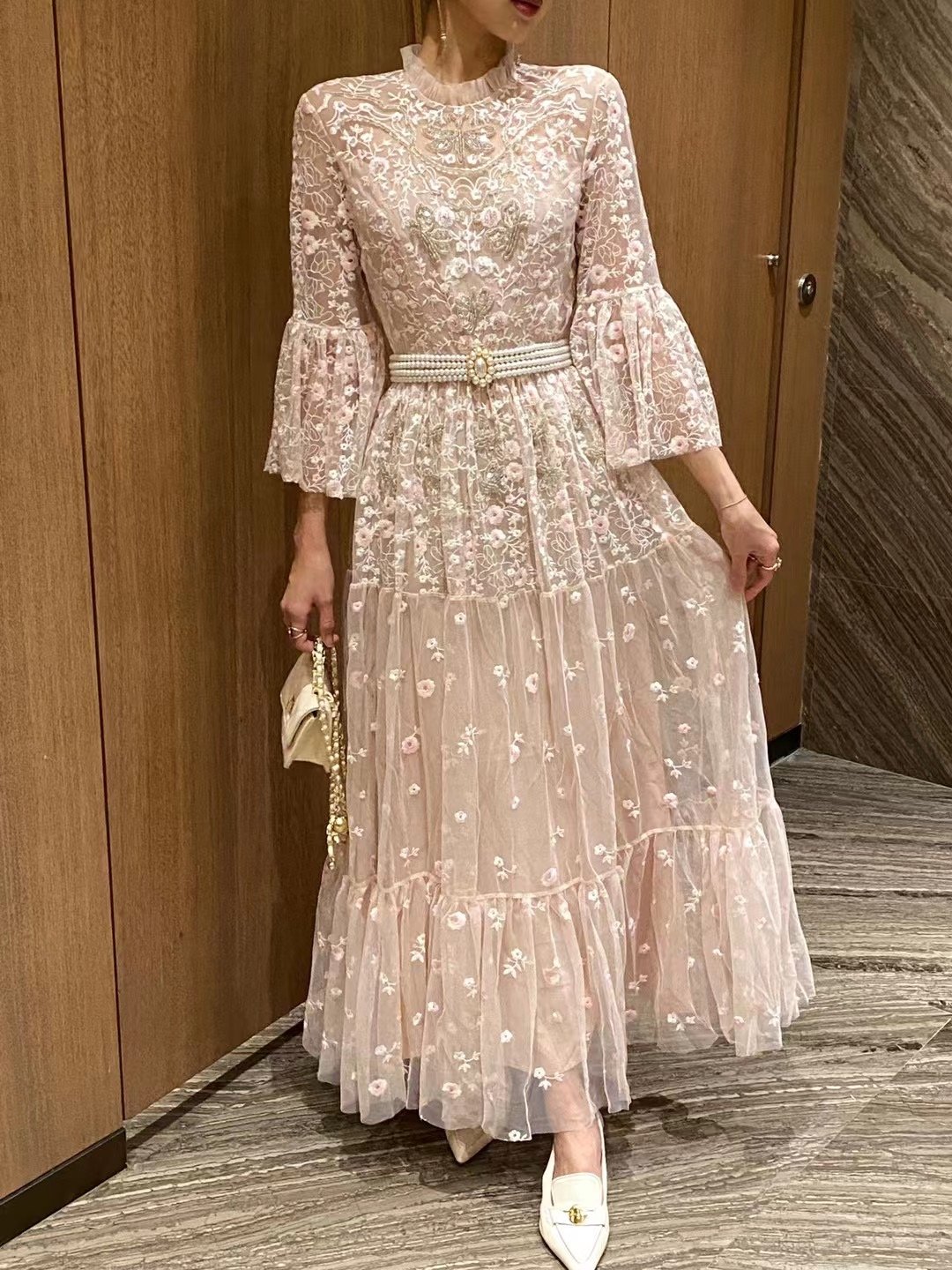 Bettergirl Pearl Belt Translucent Floral Lace White Skirts 2023 Summer Elegant Midi Dresses Women Ladies Casual Dress