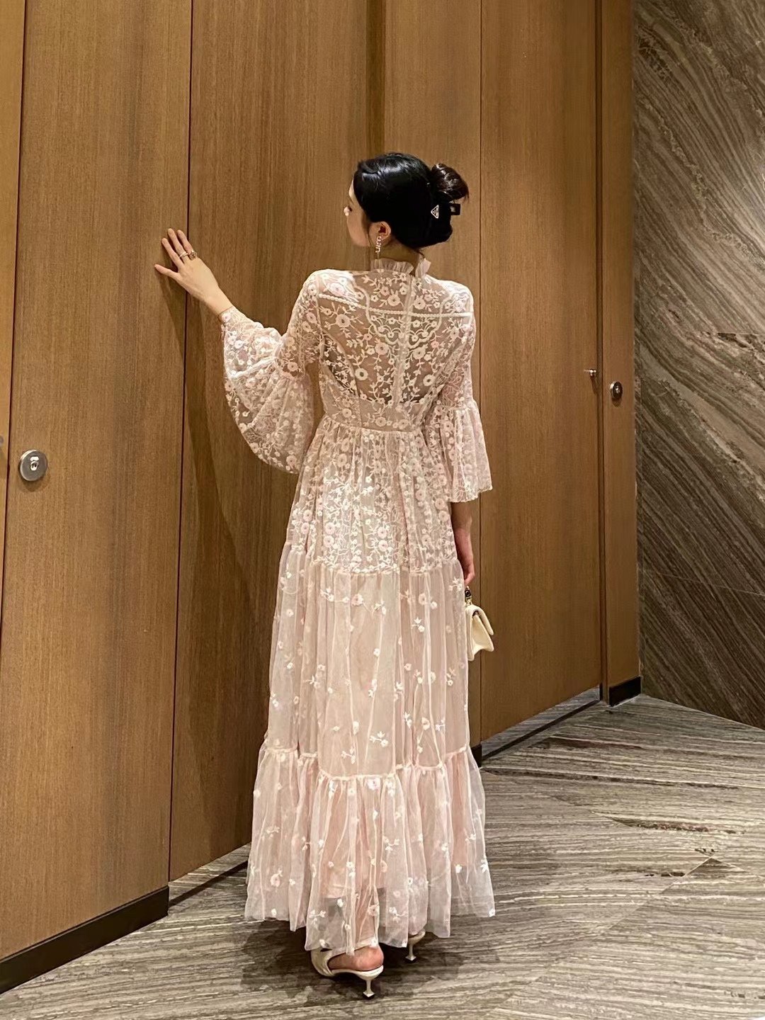 Bettergirl Pearl Belt Translucent Floral Lace White Skirts 2023 Summer Elegant Midi Dresses Women Ladies Casual Dress