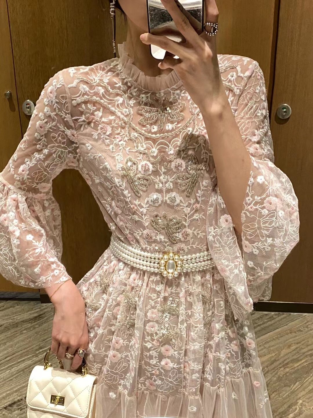 Bettergirl Pearl Belt Translucent Floral Lace White Skirts 2023 Summer Elegant Midi Dresses Women Ladies Casual Dress
