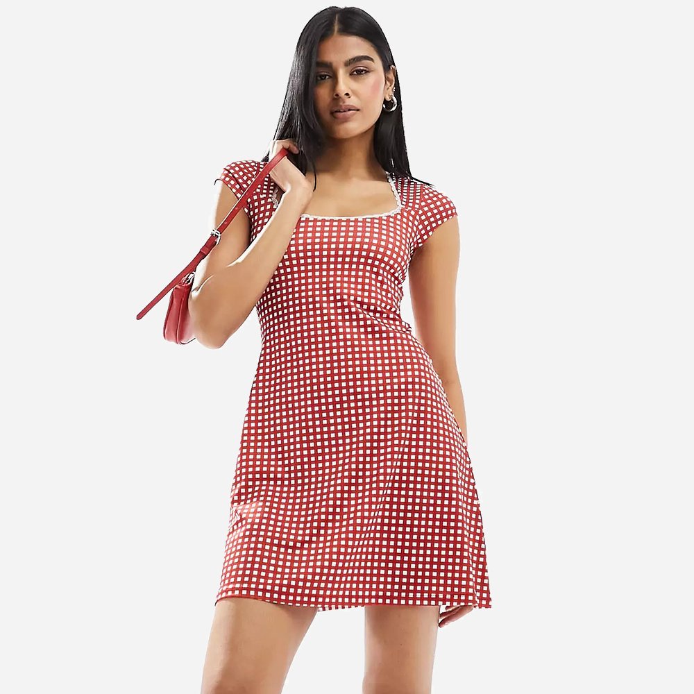 Gingham Square Neck Cap Sleeves Lace Trim Wholesale Clothing Korean Fashion Women Dress