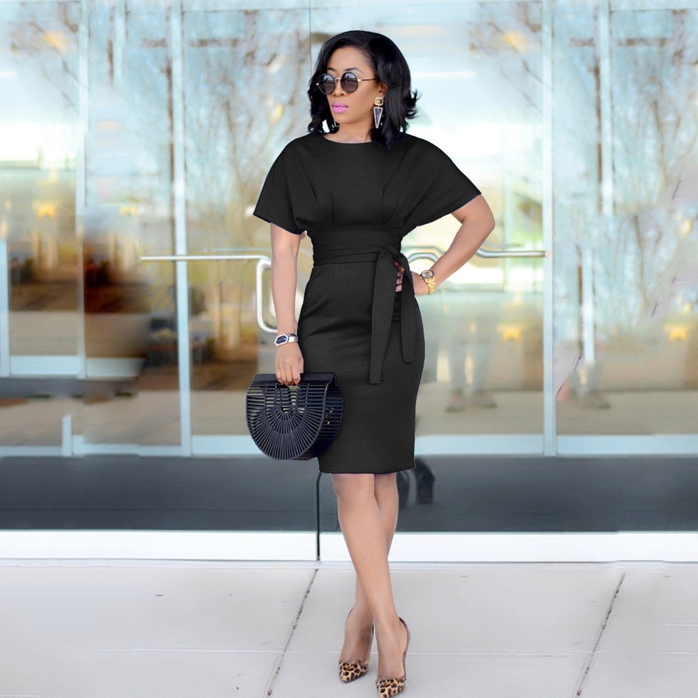 New Popular Design Fashion Ladies Office Round Neck Batwing Sleeve Tight Bodycon Elegant Women Dress