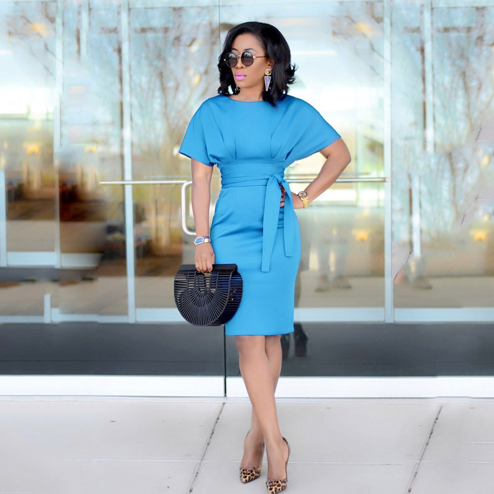 New Popular Design Fashion Ladies Office Round Neck Batwing Sleeve Tight Bodycon Elegant Women Dress