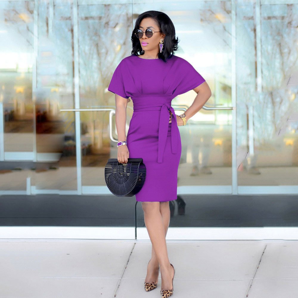 New Popular Design Fashion Ladies Office Round Neck Batwing Sleeve Tight Bodycon Elegant Women Dress