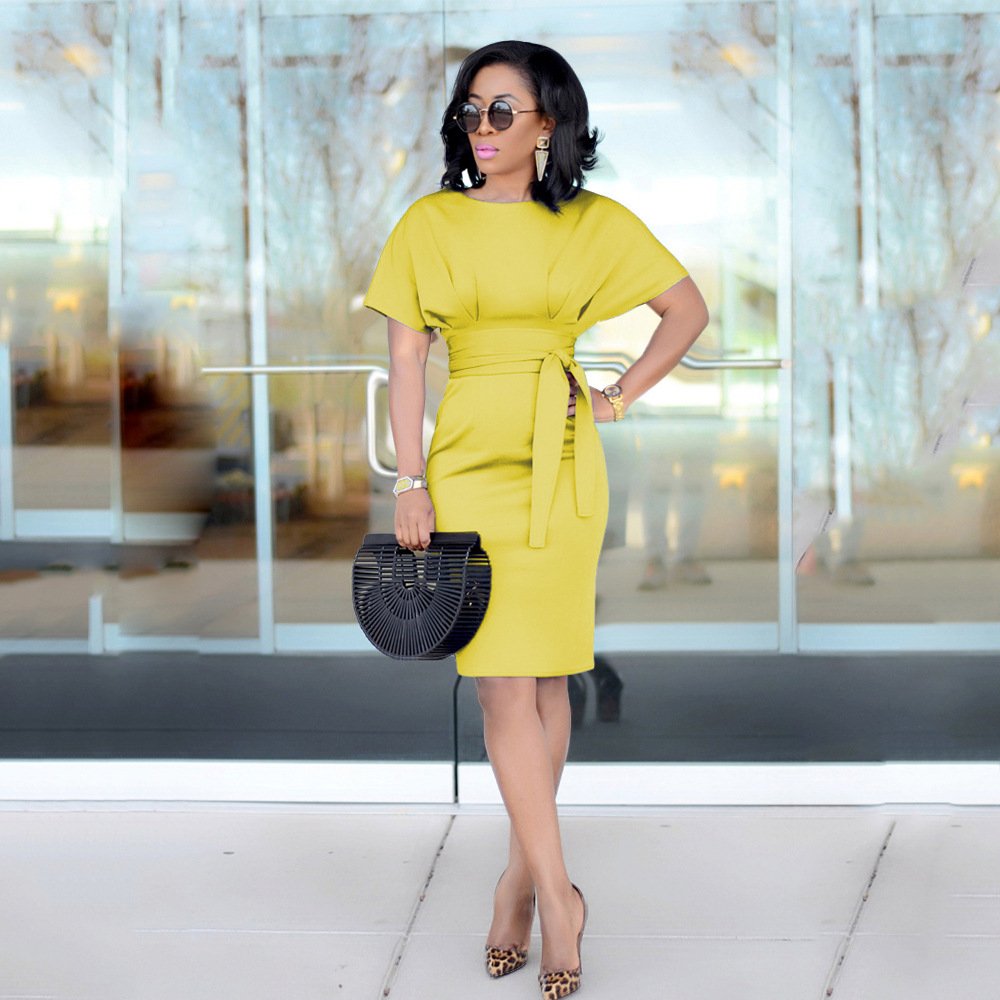 New Popular Design Fashion Ladies Office Round Neck Batwing Sleeve Tight Bodycon Elegant Women Dress