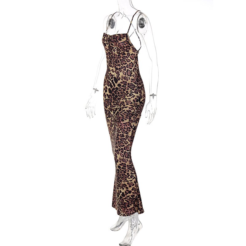 GX6785 New Leopard Print Sexy Halter Backless Lace-up Dress Sleeveless Vestidos Mujer Maxi Party Wear Dresses For Women
