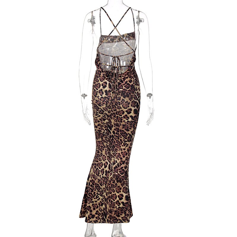 GX6785 New Leopard Print Sexy Halter Backless Lace-up Dress Sleeveless Vestidos Mujer Maxi Party Wear Dresses For Women