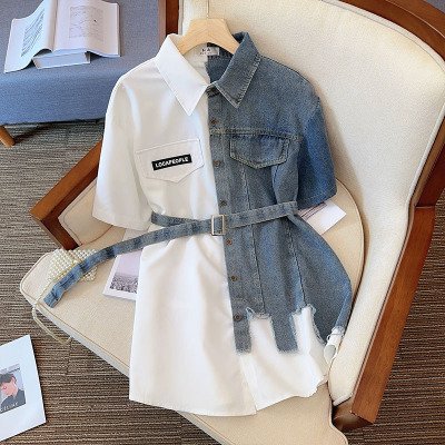 5138 # Denim Spliced Polo Neck Dress Summer New Korean Version Slim Irregular Mid length Shirt